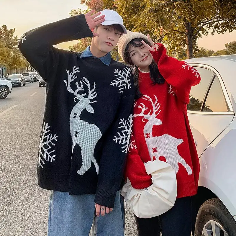 

Autumn and Winter Christmas Funny Elk Couple Red Sweater Men's Korean Fashion Oversized Loose Lazy Style Knitwear Pullovers Coat