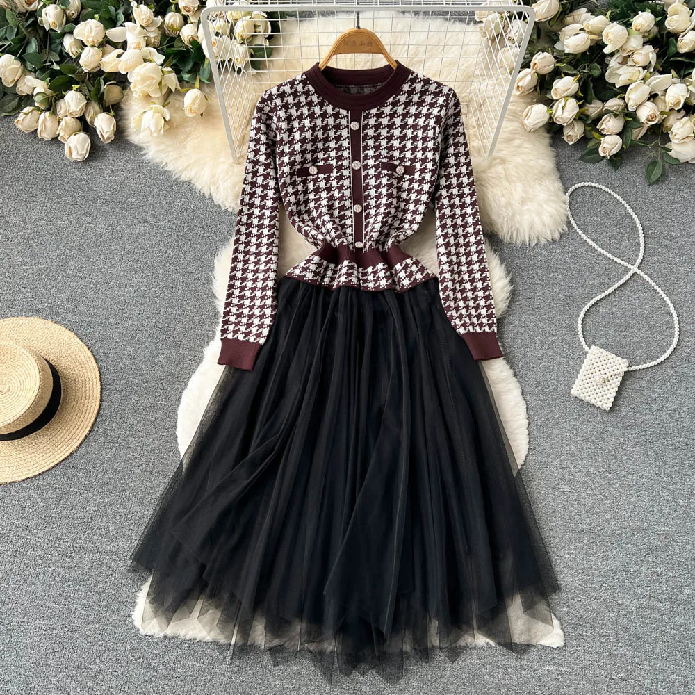 

Fake Two-piece Knitted Dress Women's Autumn New Waist-length Temperament Long-sleeved Irregular Mesh Skirt Bottoming Sweater Ski