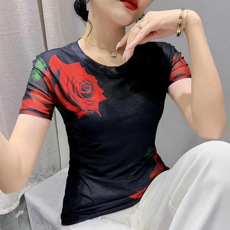 

New 2022 Summer Short Sleeved Women's Tops Fashion Casual O-Neck Printed Black Mesh T-Shirt Elastic Camisetas Blusas