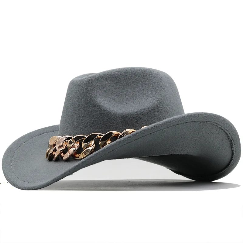 Luxury Men Women Western Cowboy Hat With gold chain Wide Brim Hat Pop Jazz Hat Winter Wool Hat Size 56-58CM fedora hats for sale