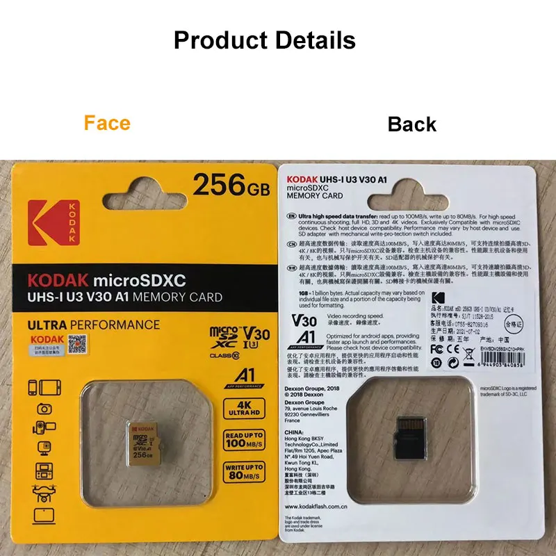 KODAK U3 ũ SDHC SDXC ī TF ÷ ī  UHS-I V30 Class10 ޸ ī 32 / 64 / 128 / 256GB ȭ  ڵ
