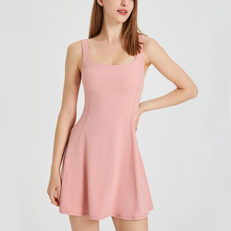 Women dress Women Summer Tennis Dress Fashion Square Neck Pocket Sports Running Dress Breathable Workout Frock Chest Pads