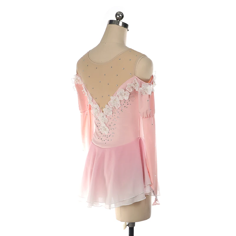 Figure Skating Competition Training Dress Customized Girls' Light Blue Long Sleeve Artistic Gymnastics Performance White Flowers