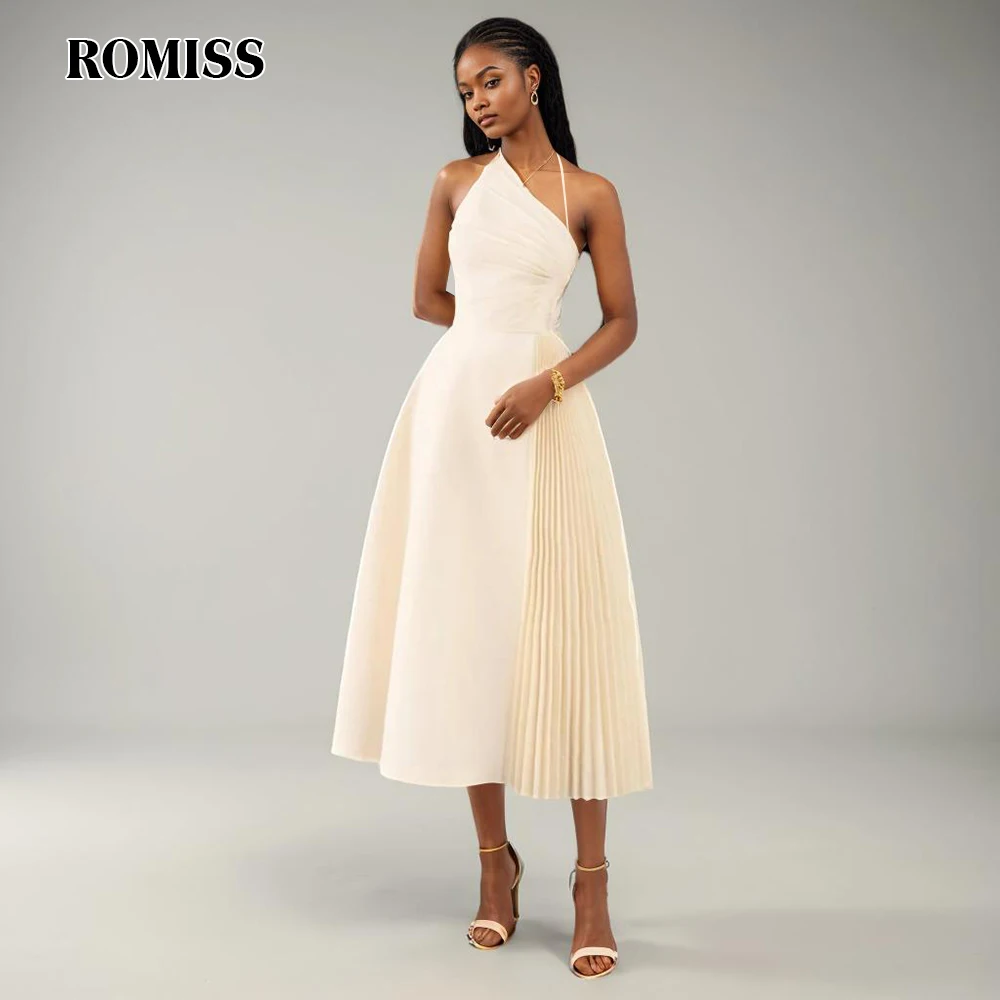 

ROMISS Solid Spliced Folds Elegant Dresses For Women Halter Sleeveless Backless High Waist Temperament Long Dress Female Style N