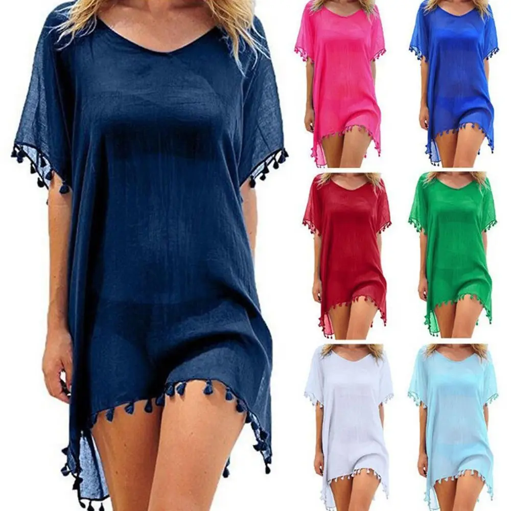 Fashion V Neck Summer Sunscreen Smock Loose Casual Swimsuit Cover Up Dress Bathing Suit Plus Size Bikini Cover-Ups for Women 4