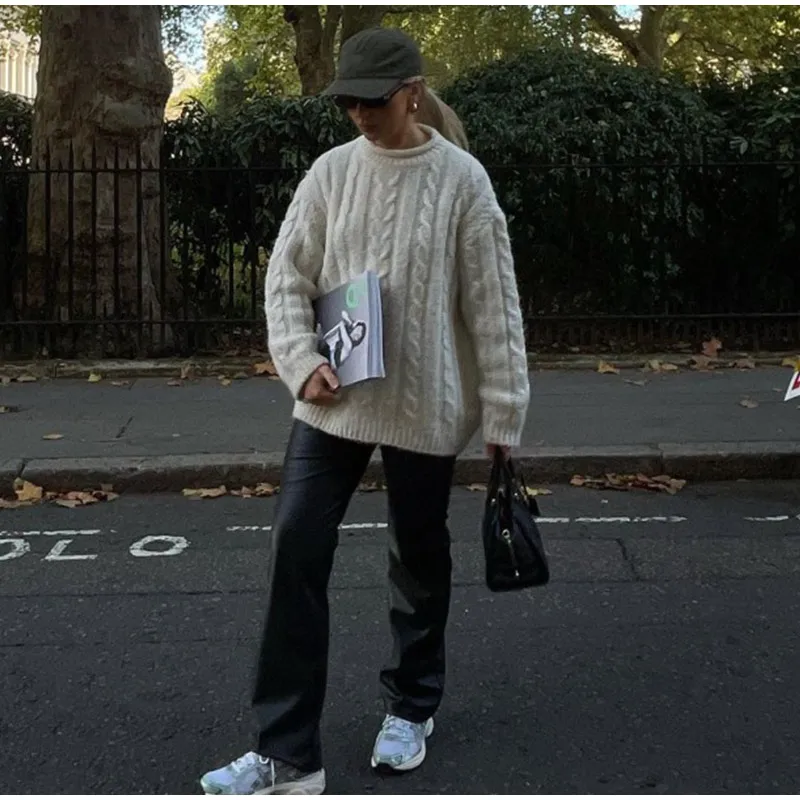 Casual Knitted Long Sleeve Sweaters Women Loose White Half High Neck Pullover Sweater Female Autumn Simple Chic High Street Tops