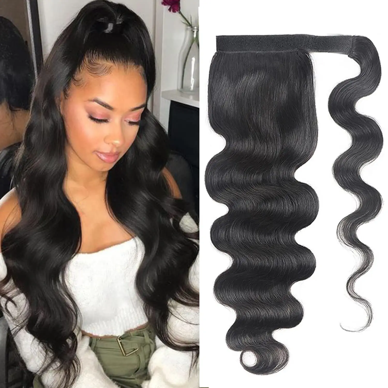 Body Wave Ponytail Human Hair Extension 120g Wrap Around Clip In Ponytail Natural Black #1B 14-26 Inch High Quality For Women