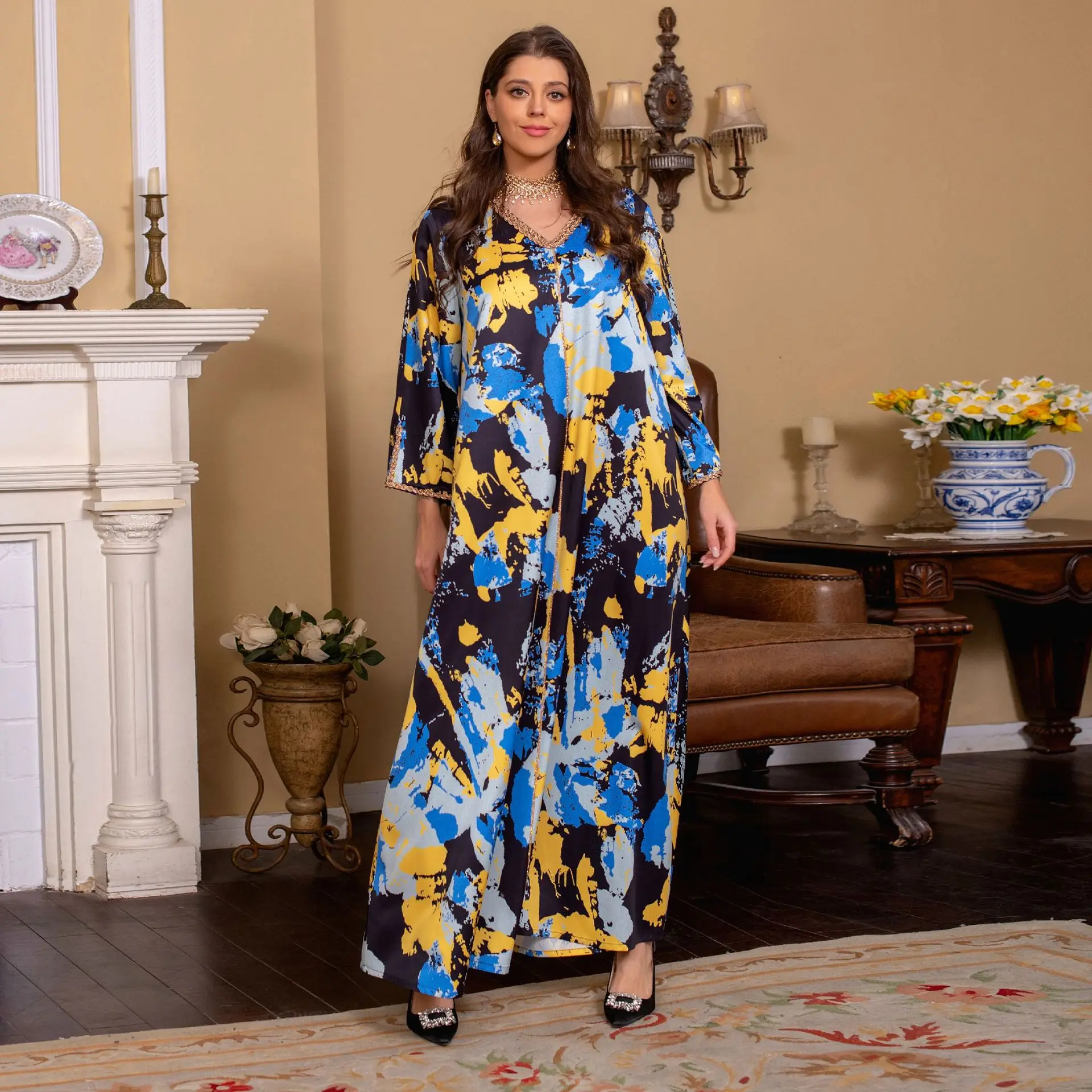 

Fashion Print Dress Saudi Arabia Dubai Muslim Spring Middle East Robe Fried Dough Twists Diamond Scalding Abayas for Women