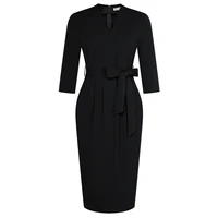 GK Women Midi Dress V-Neck Slim Fit OL 3/4 Sleeve Back Slit High Waist Bodycon Dress With Belt Elegant Office Work Dresses - Image 4