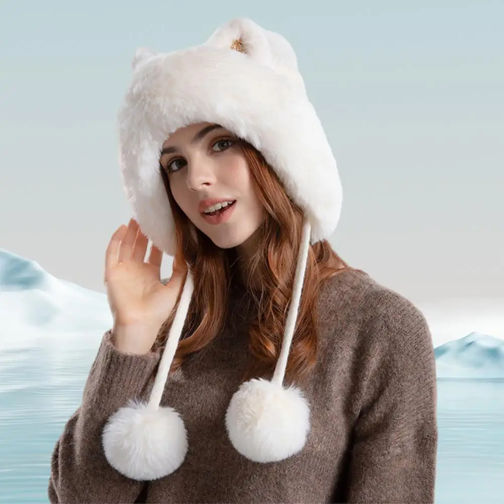 

Winter Women's Cat Ear Plush Knitted Hat Warmth Thick Ear Protection Solid Color Autumn And Winter Outdoor Girls Beanie Hat