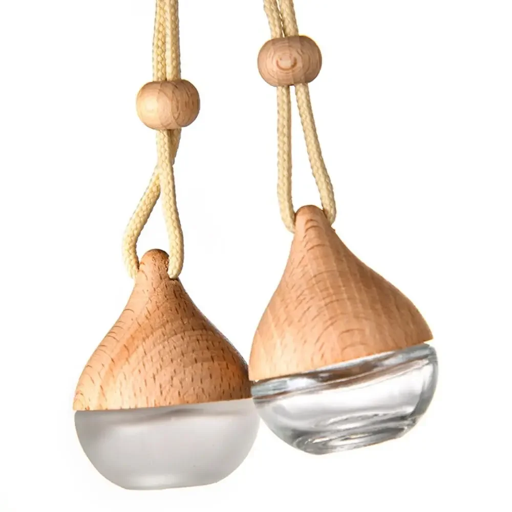 Araba koku yayıcı 5ml Mini doldurulabilir asılı difüzör ahşap kapaklar temizle cam kolye araba hava Fresher ev araba aksesuarları