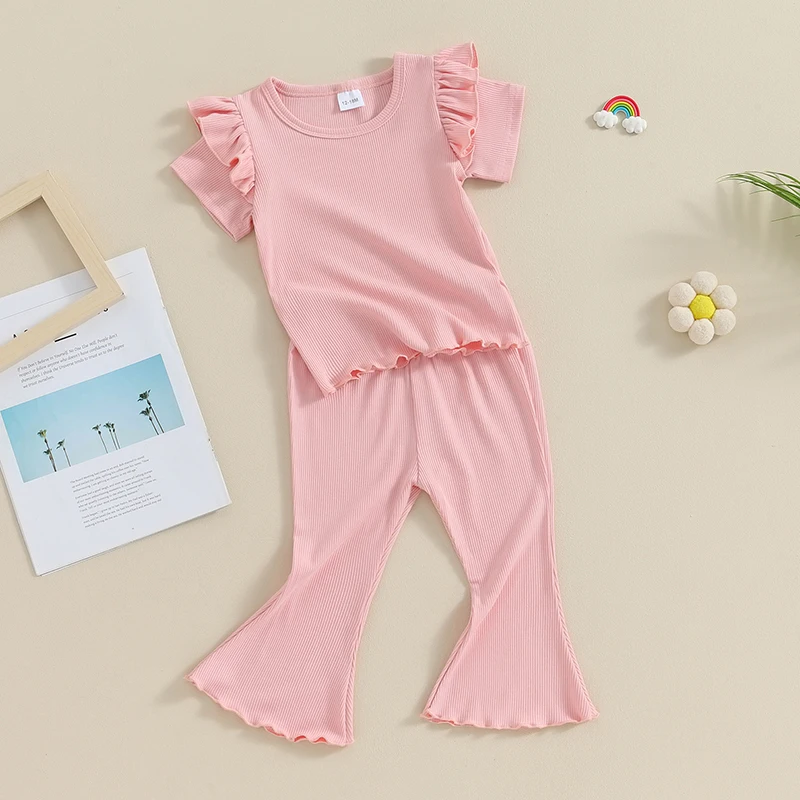 

Toddler Girls Spring Outfits Fly Sleeve Solid Color Rib T-Shirts Tops Elastic Waist Flare Pants 2Pcs Clothes Set