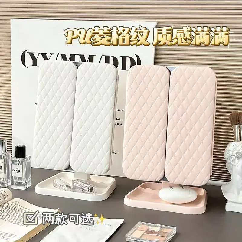디럭스 LED 화장 거울 램프 포함 소녀 화장 거울 학생 기숙사 데스크탑 삼중 접이식 화장 거울 소녀 미용 거울