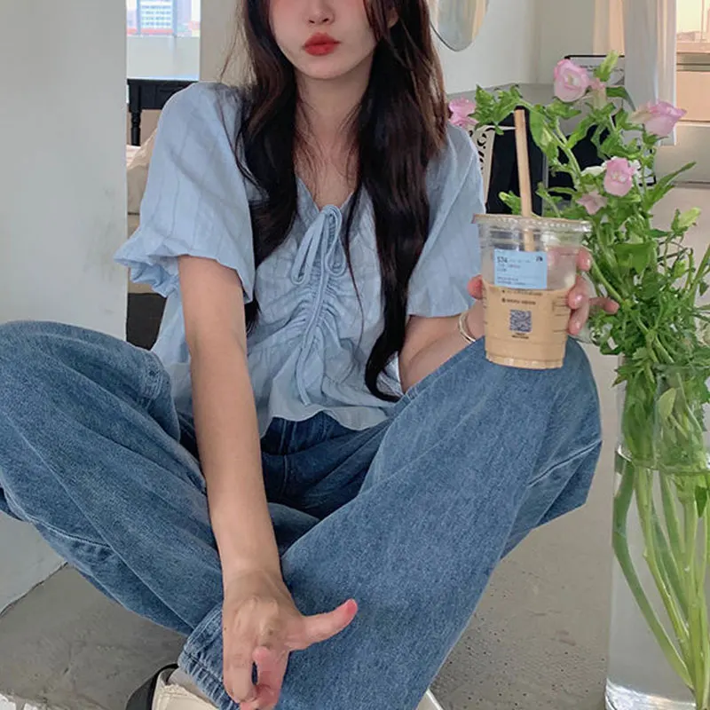 Stylish Shirring Drawstring Shirt Summer Elegant V-Neck Puff Sleeve Commute Basic Women's Clothing Printed Korean Loose Blouse