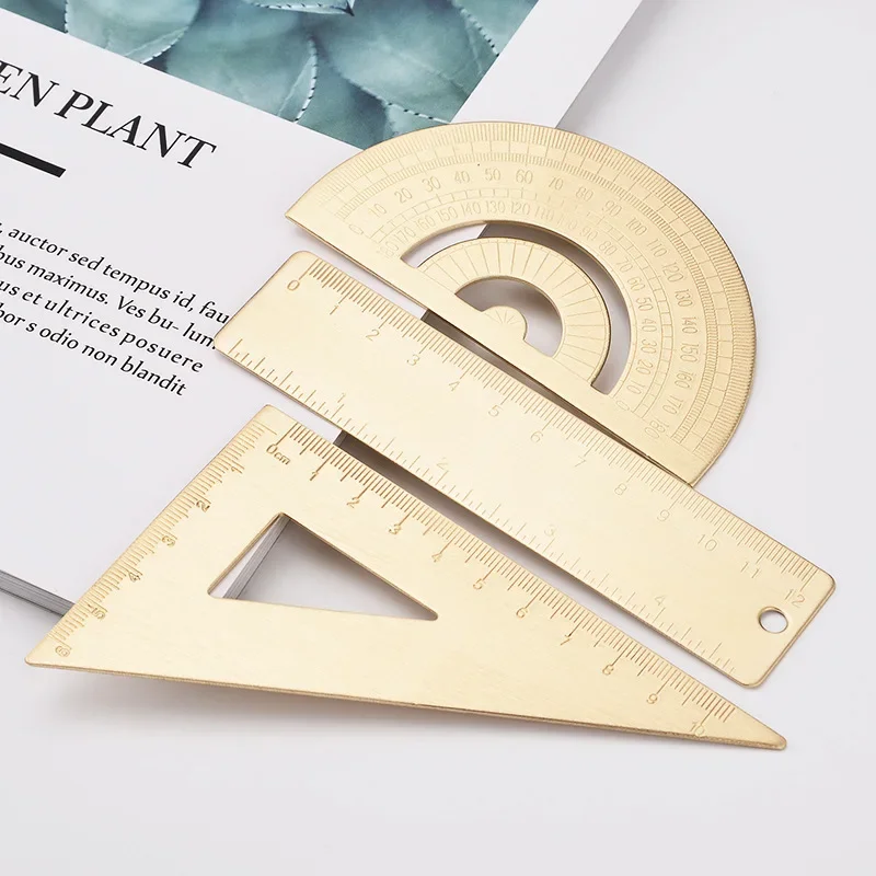 Metal Brass Straight Ruler Vintage Triangle Protractor Measuring Tool Painting Drafting Supplies Korean Stationery Office