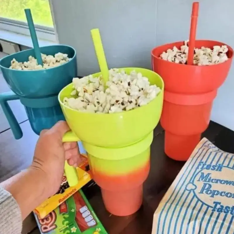 2 In 1 Snackies Straw Cup Top Snack Bowl on Drink Cups Portable Splash  Proof Leakproof Popcorn Stadium Tumbler Cinema Trip Gift