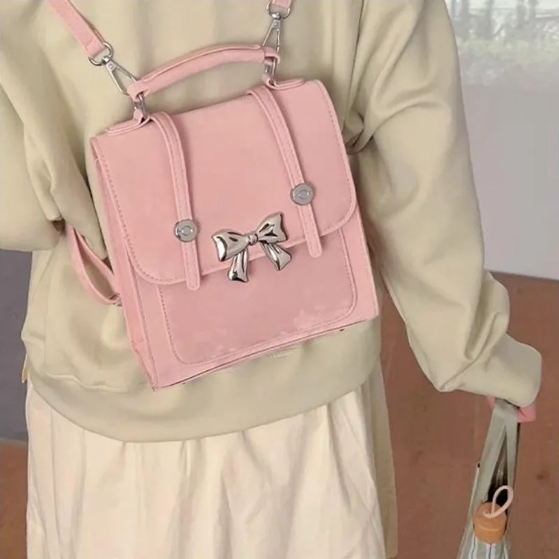 Xiuya Pink Womens Backpack Elegant Bow Korean Fashion College Style Small Backpack Exquisite Casual Luxury Designer Female Bag