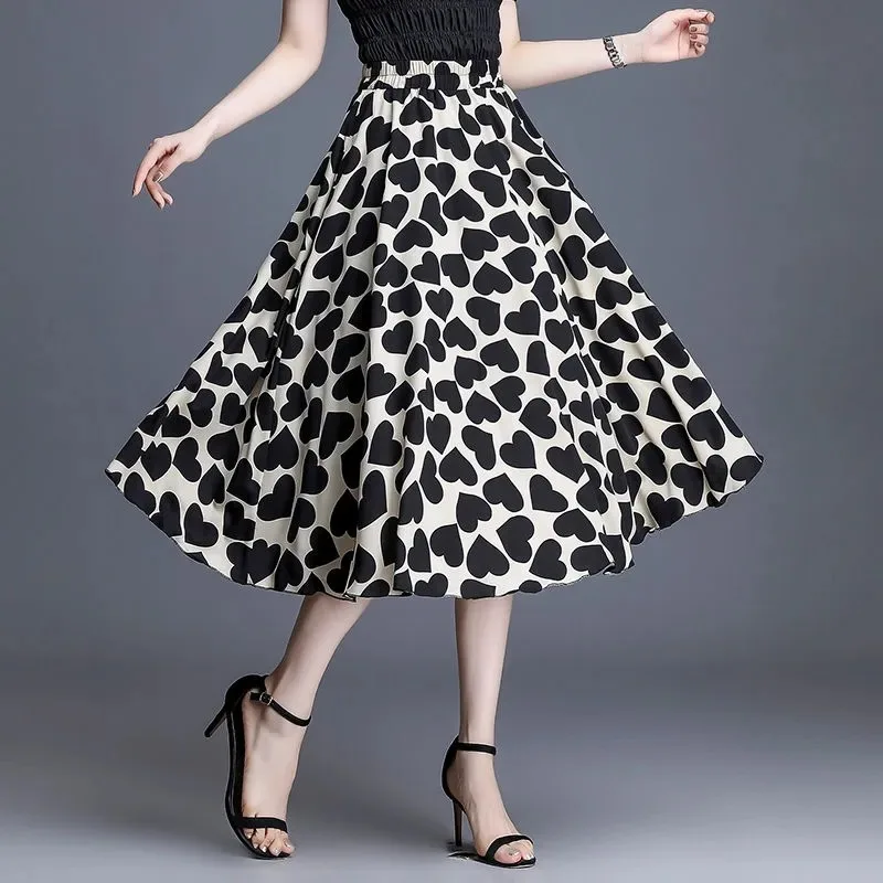 

Summer Casual Mid Skirts Jupe Femme Street Big Swing Falda Womens Mid Calf Skirts 2022 Fashion Heart Printed Skirts Ladies New
