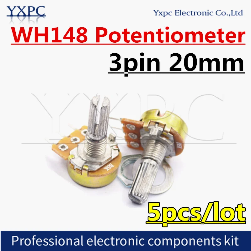 5pcs  3pin 20mm WH148 1K 2K 5K 10K 20K 50K 100K 250K 500K 1M Ohm Linear Taper Rotary Potentiometer Resistor for Arduino