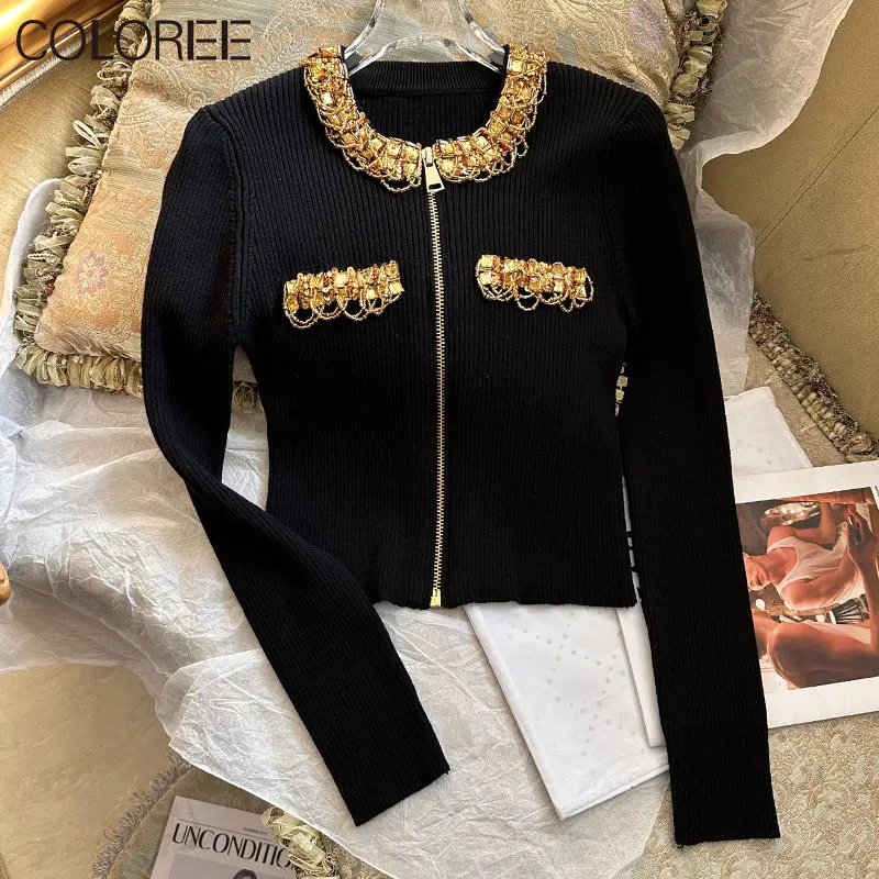 

Luxury Designer Clothing Women Elegant Sequined Beading Knitted Cardigan Mujer Korean Fashion O-neck Long Sleeve Top Femme