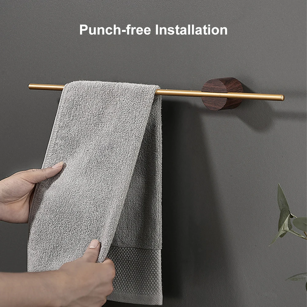 

Bathroom Towel Bar Adjustable Bath Towel Rack Holder Aluminum with Wooden Base Punch-Free Wall Mount Towel Hanger Accessories