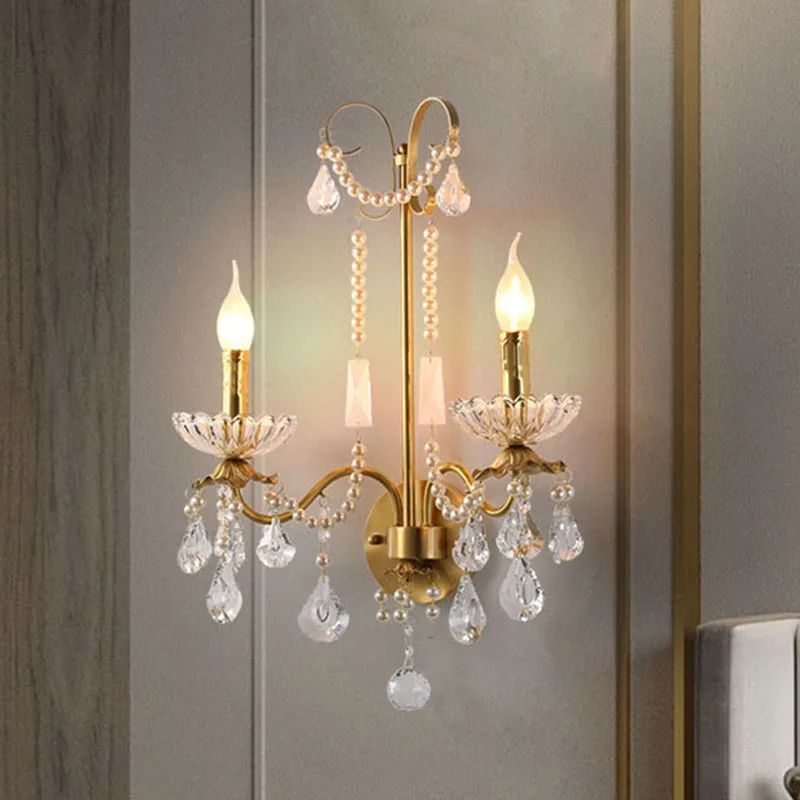 

French Luxury Retro Palace Crystal Pearl Wall Lamp Corridor Bedroom Bedside Living Room Dector Aisle Staircase Candle Lighting