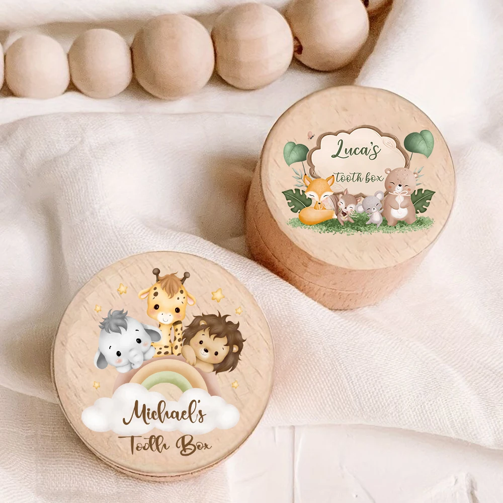 Personalised Baby Tooth Box Wooden Milk Teeth Storage Collect Teeth Umbilical Save Boxes Safari Animal with Name Keepsake Gift