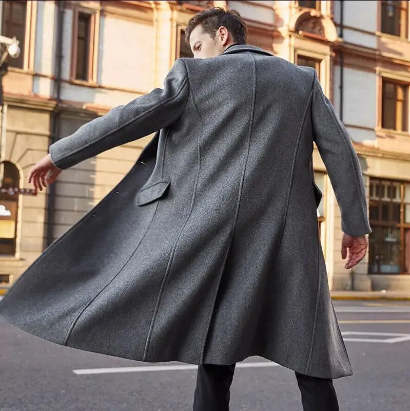 Fashion Long Trench Outerwear Winter Solid Long Sleeve Woolen Men Overcoat Streetwear Elegant Coat Autumn Mens Jacket Fleece