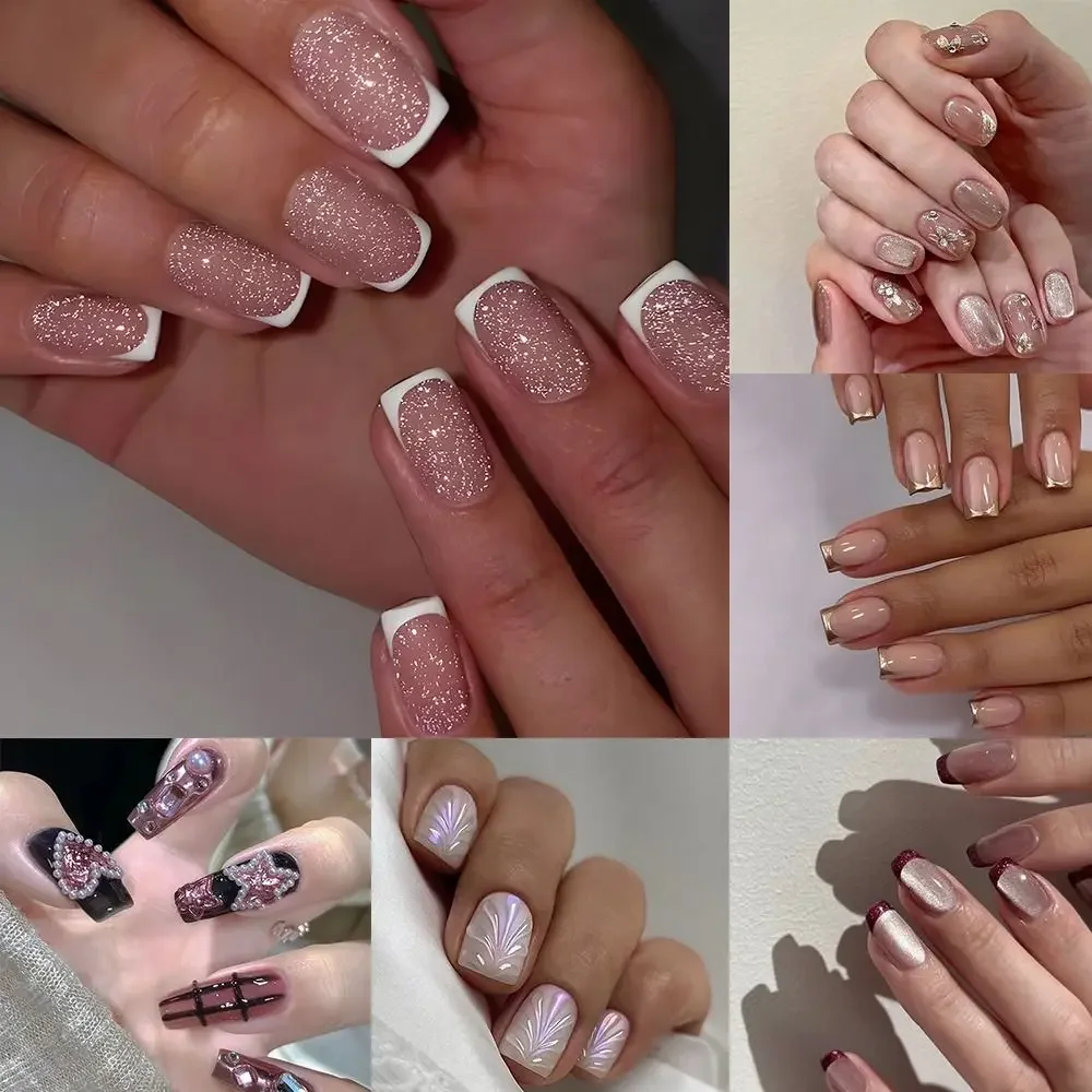 Fashion Long Ballerina and Square False Nails Black Love Heart French Fake Nails Gold Red Edge Full Cover Nail Tips DIY