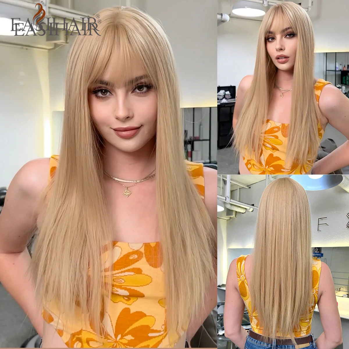

EASIHAIR Long Straight Blonde Synthetic Wigs with Bangs for Women Daily Cosaply Use Natural Hair Wigs Heat Resistant Fiber