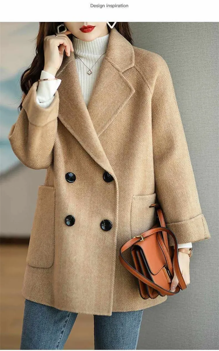 long puffer coat Autumn And Winter Clothing New Fashion Herringbone Pattern Woolen Coat Women Temperament Slim Suit Collar Coat Trend N1579 long black puffer