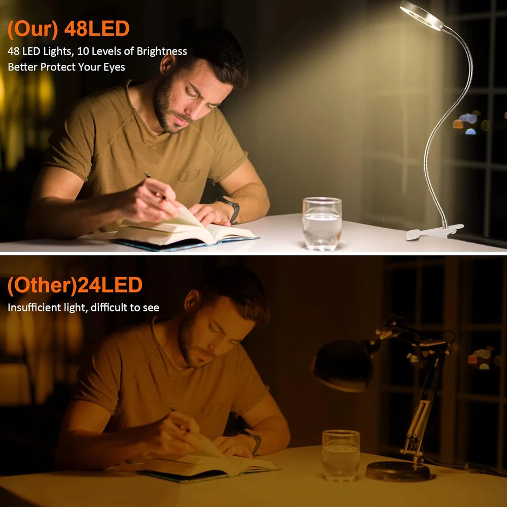 LED Reading Lights 360°Flexible Gooseneck Dimmable Table Lamp Clip On Indoor Bedroom Eye Protection Desk Light Book Clamp Lamp 3