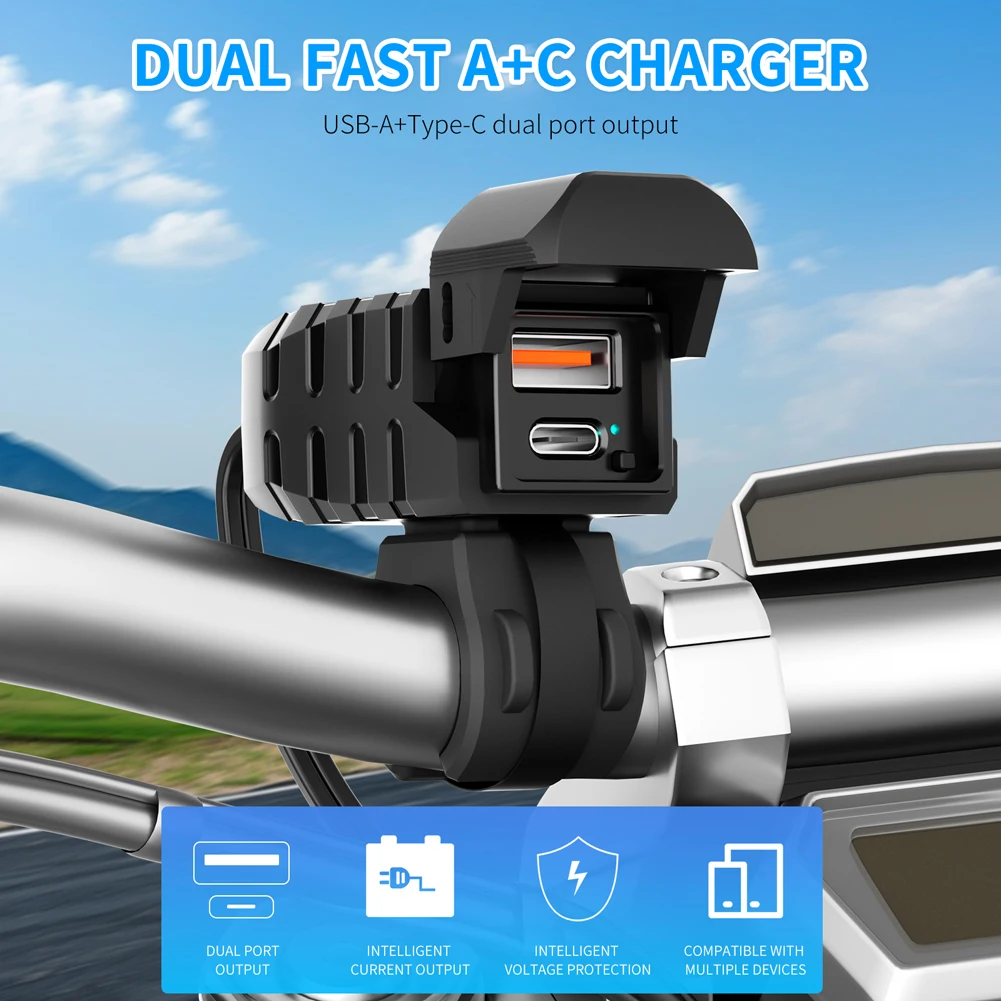 PD QC3.0 Handlebar Quick Charger Adapter 12V Motorcycle Phone Charger Waterproof Motorcycle Accessories for Phone Tablet GPS Etc