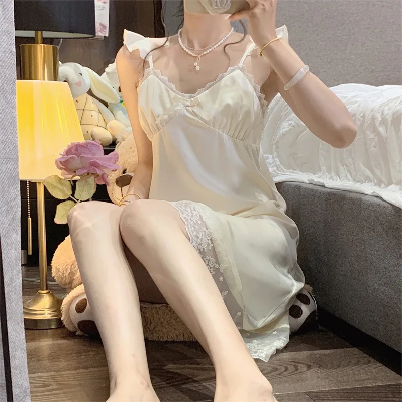 

Пижама женская кружевная без рукавов, ночная рубашка в стиле принцессы, пикантная Домашняя одежда, элегантный халат, на лето