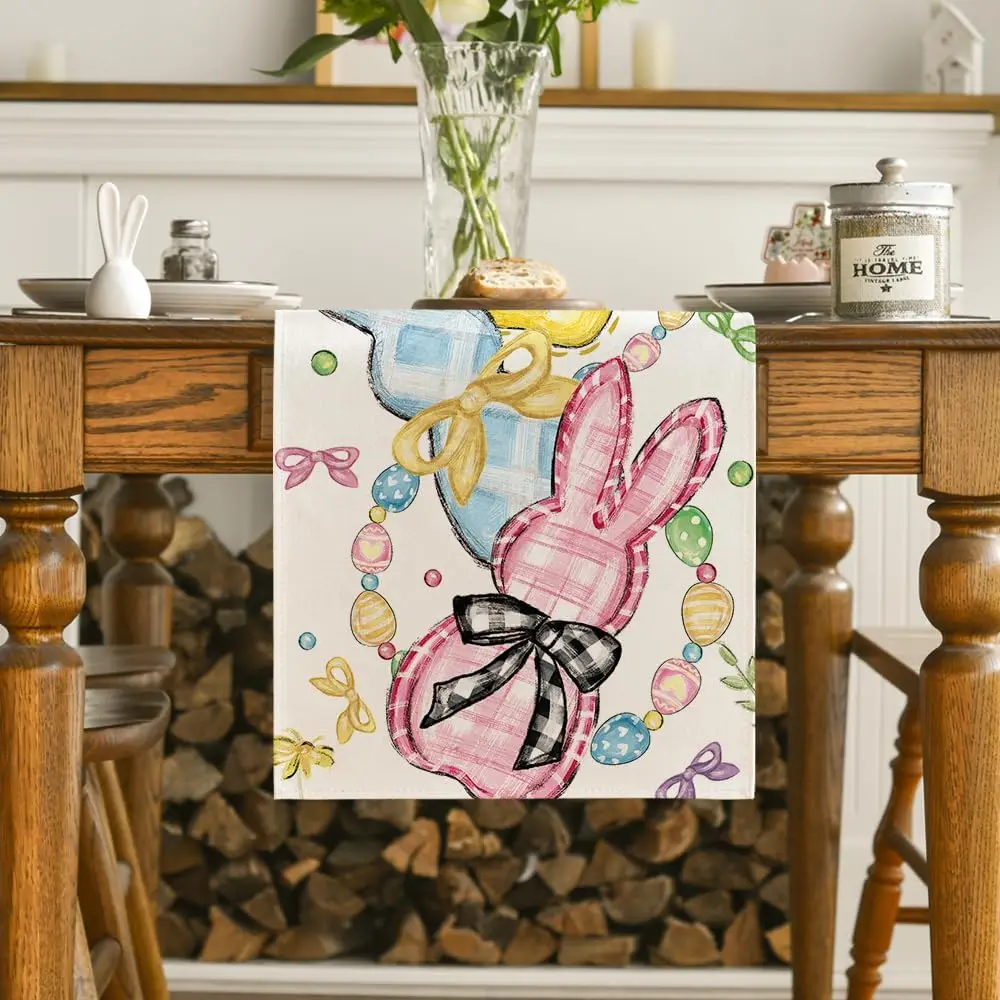 Easter Bunny Floral Bow Rabbits Eggs Linen Table Runner Party Decor Spring Farmhouse Kitchen Table Runner Easter Decorations 2
