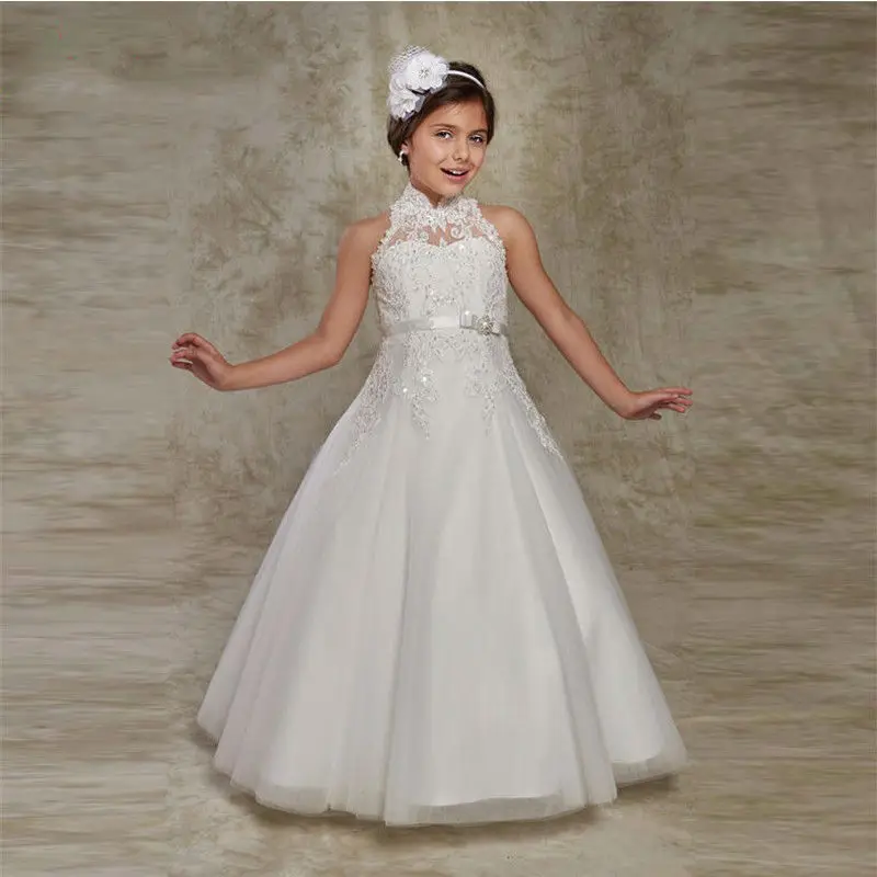 

White Ivory Flower Girl Dress First Communion Dresses for Girls Beaded Applique Kids Holy Communion Party Gown