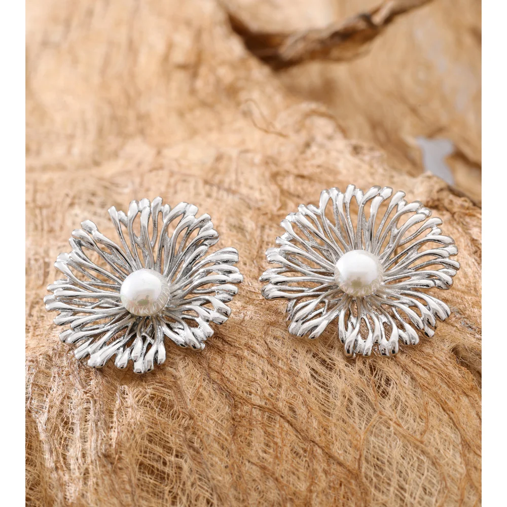 Yhpup Earrings Stainless Steel Pearls Flower Stud