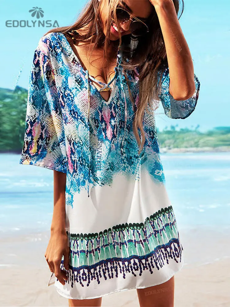 Bathing Suit Beach Caftan Swimsuit Cover up Print Chiffon Pareo Women Robe Plage Swimwear Dress Sexy Sarong Beach Tunic #Q152 beach cover