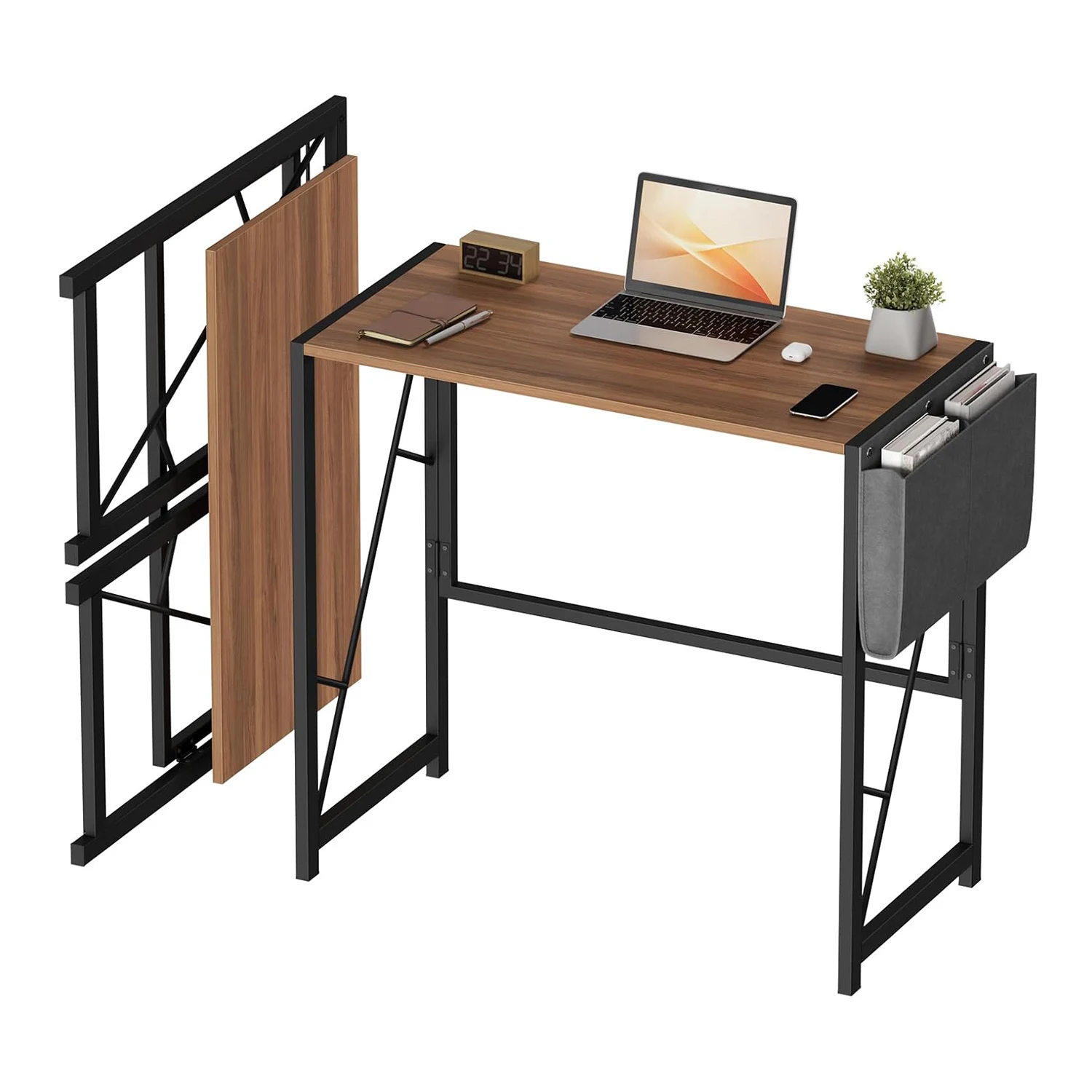 Folding Desk with Side Pocket, 80cm Foldable Computer Desk with Anti-Feet and Hooks, Compact Writing Table with Metal Frame for Home Office, Bedroom, Balcony