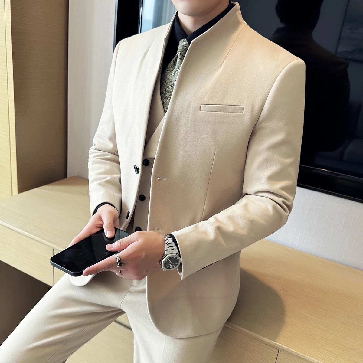 Chinese Stand-up Collar Woolen Suit Autumn Winter Men's Business Casual Groom Wedding Slim Fit Tuxedo ( Jacket+Pants ) Formal Suit Business Men Clothing