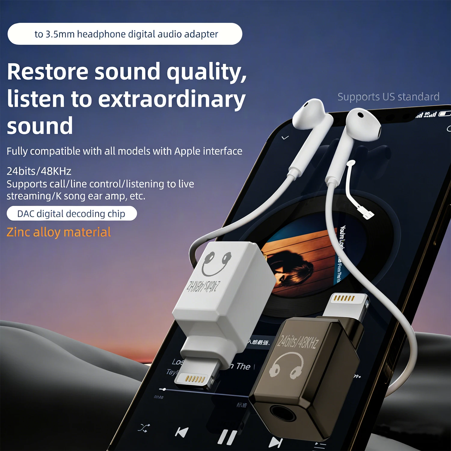 애플 아이폰용 2개 헤드폰 어댑터 3.5mm Hifi DAC Aux 오디오 잭 동글 아이폰 안드로이드/iOS/윈도우//맥 호환