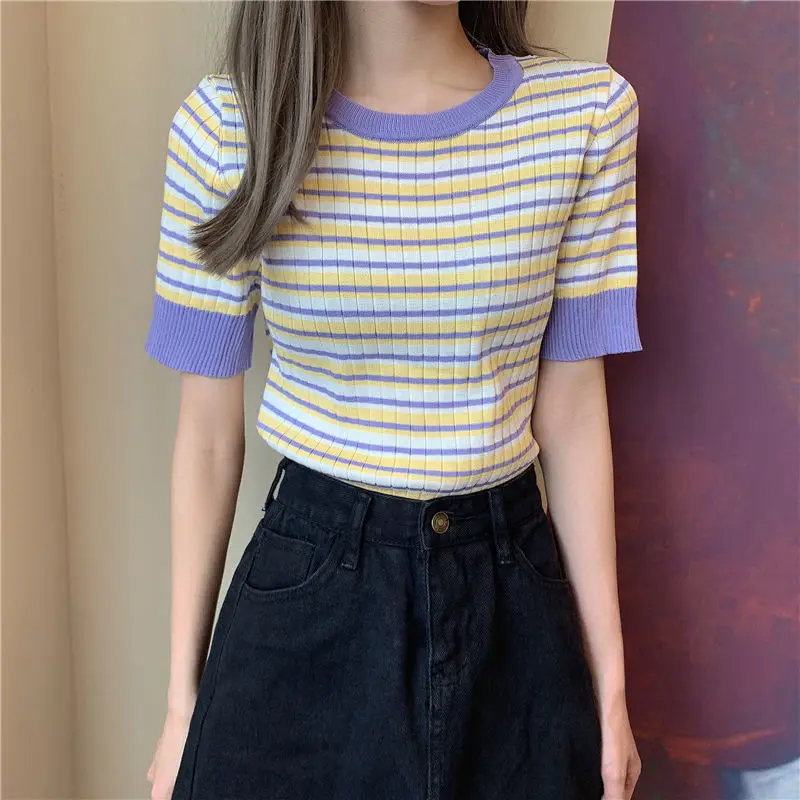 

Summer Striped Thin Short-sleeved T-shirt Knit Crop Tops Stretchy Slim Fit and Ice Silk Purple Undershirt Women Clothing