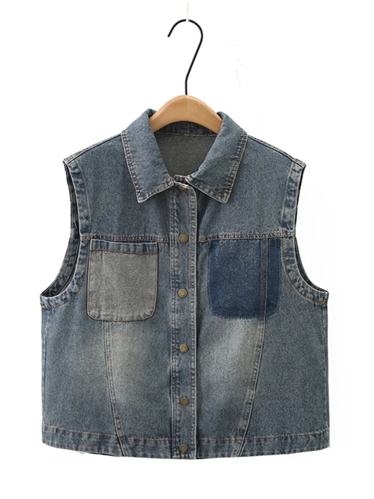 

Plus Size Women's Clothing Spring And Autumn Denim Vest Lapel Washed Sleeveless Denim Jacket Asymmetrical Vest For Fat Ladies