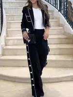 Freeacy Women's Casual Pants Set Notched Collar Long Sleeves Coat and High Waist Side Buttoned Pants Office Ladies Two-piece Set - Image 4