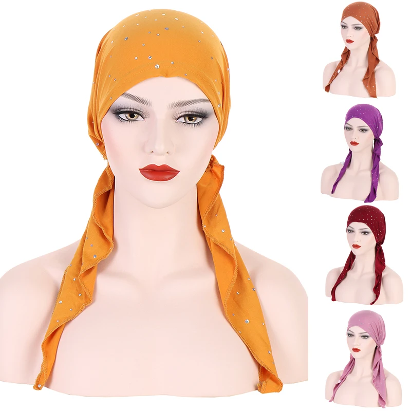 

Muslim sequin Scarf Chemo Beanies Bonnet Caps Women Turban Hat Long Tail Stretch Headwear Headscarf Wrap Bandanas Hair Accessori
