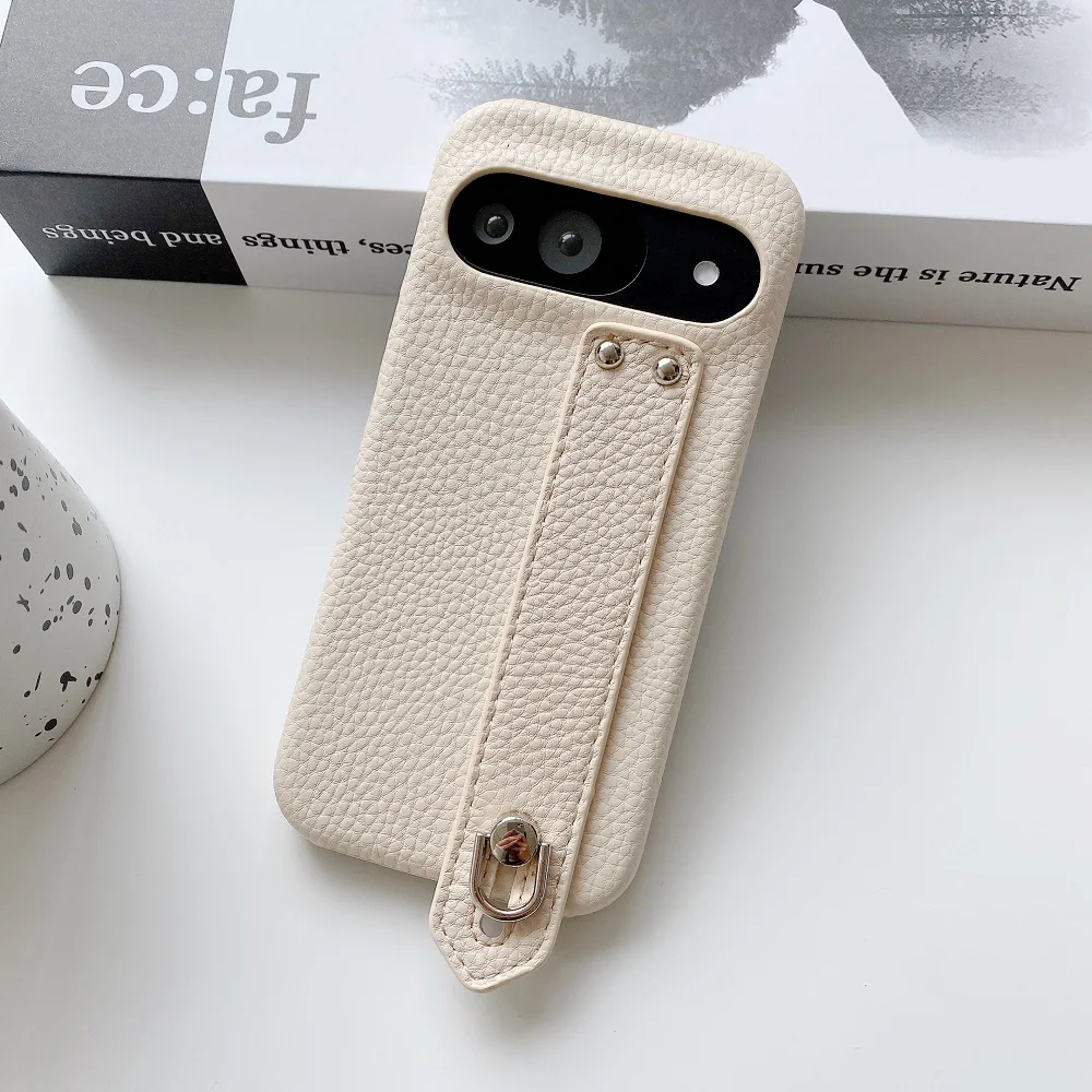 Lichee Pattern Leather Phone Case with Wrist Strap and Bracket - Protective Back Cover