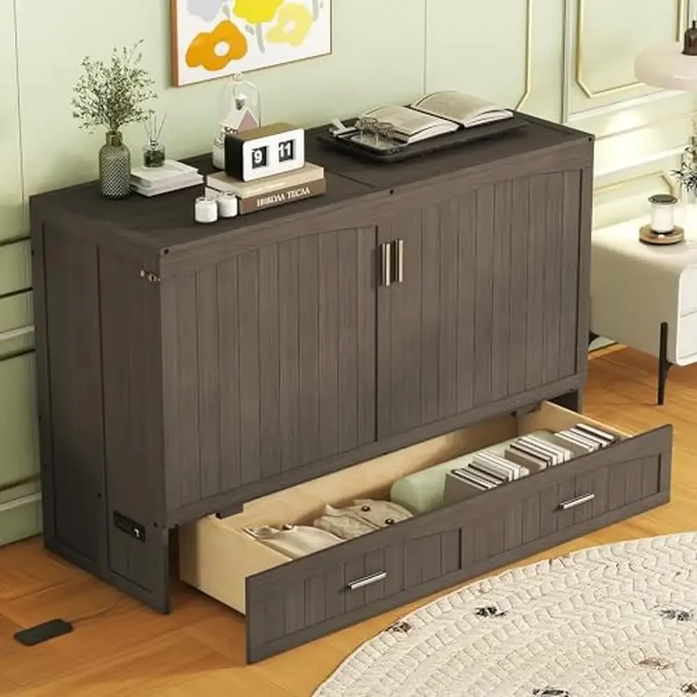 Queen Murphy Bed Cabinet with Charging Station Storage Drawer Modern Grey Bedroom Furniture 600lbs Capacity Kit