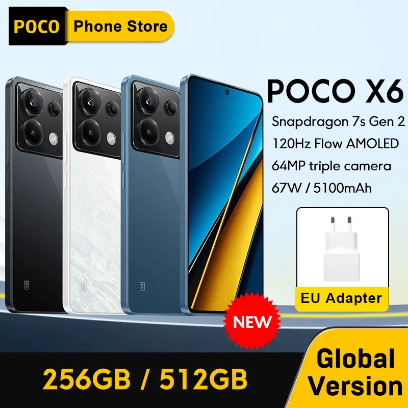 POCO X6 5G Smartphone Snapdragon 7s Gen 2  Versão Global 120Hz Flow AMOLED Câmera de 64MP com OIS 67W Turbo Carregamento NFC