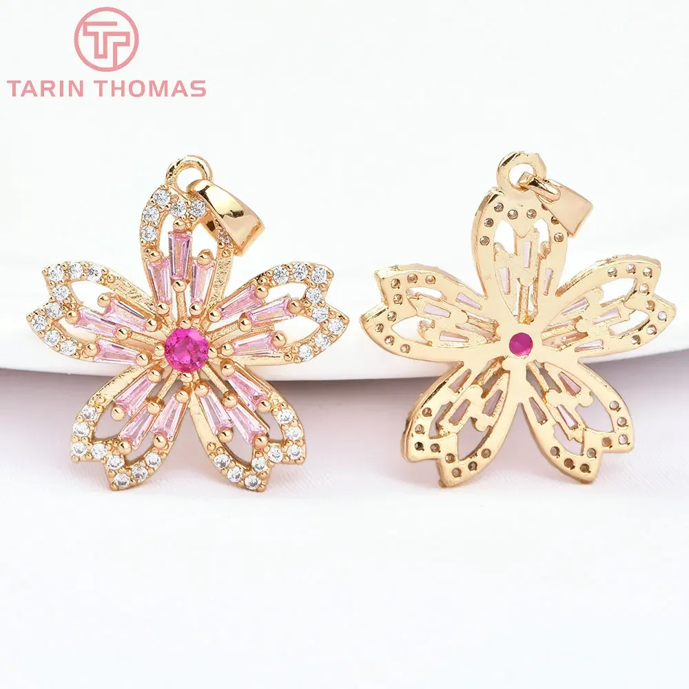 

(7557) 2PCS 21.5x22.5MM 24K Gold Color Brass with Zircon Sakura Charms Pendants High Quality Jewelry Making Findings Accessories