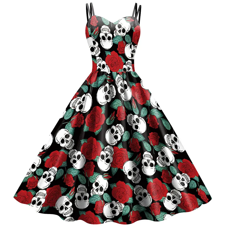 

Halloween Party 2023 Women Summer Vintage Retro 50s 60s Skull Rose Floral Printed Rockabilly Skater pin up swing Flare dress